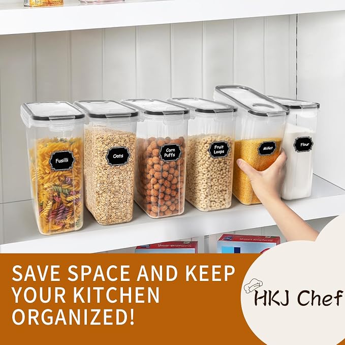 HKJ Chef Cereal Containers Storage Set (4L / 135.2oz), 6PCS Airtight Food Storage Containers with Lids, Cereal Dispensers for kitchen Pantry Organizers and Storage with Pour Spout, 20 Labels, Marker - Image 7