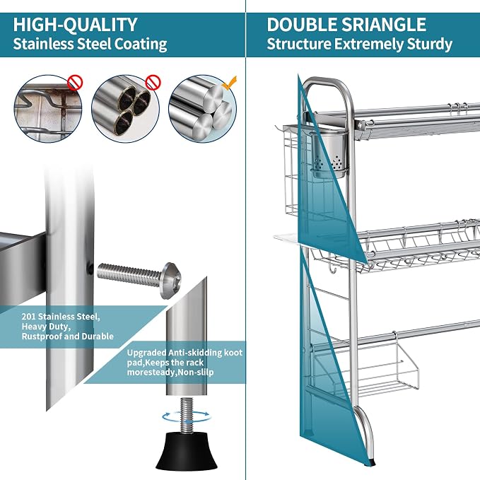 HOWDIA Stainless Steel 2-Tier Over The Sink Dish Drying Rack with Utensil Holder, Large, for Kitchen Counter | Stainless Steel, Cutlery Holder & Chopping Board Rack, for Kitchen Counter - Image 7