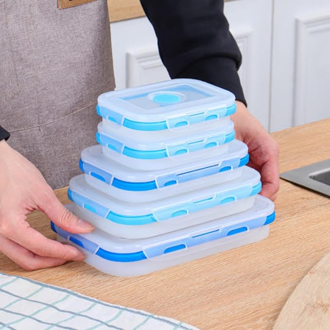 Collapsible Food Storage Containers, 5 Piece, 12-40 oz | Silicone, Airtight Lids, Space-Saving, Reusable Meal Prep, Microwave, Freezer & Dishwasher Safe - Image 7