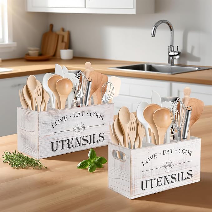 2 PC Wooden Utensil Holder,(With 4-Compartments size*1 + 3-Compartments size*1) Extra Large Kitchen Counter,Cooking Spatula Organizer,Farmhouse Decor, Rustic Cooking Utensil - Image 7