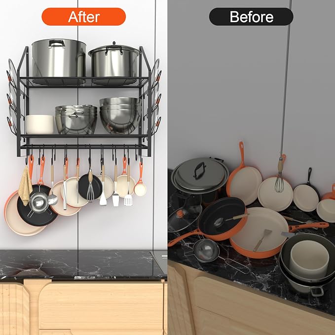 VyGrow 28 Inch Pot Rack Wall Mounted, 2 Tier Pots and Pans Organizer with 20 Hooks and 6 Pot Lid Holders, Heavy Duty Steel Pot and Pan Hanger for Kitchen Cookware Utensils Storage 34.7" Lx13 Wx26.4 H - Image 7