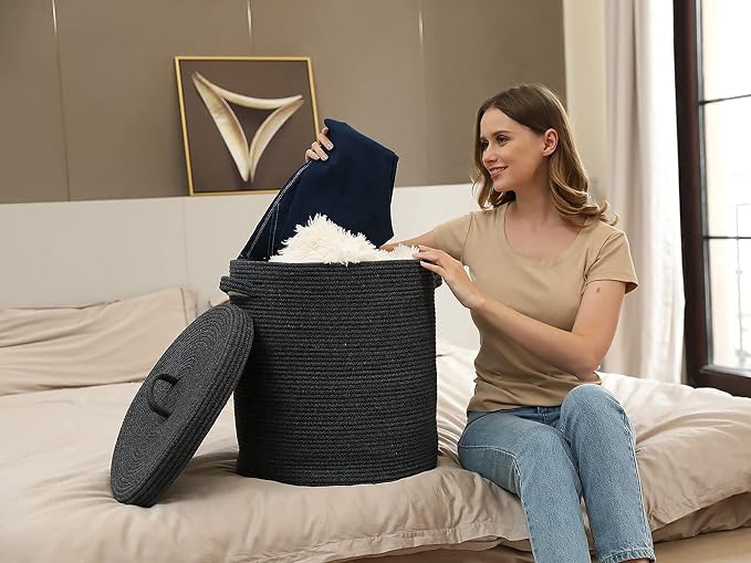 16x18 Inch Extra Large Round Cotton Rope Storage Basket with Lid, Decorative Woven Bin with Cover for Living Room Bedroom Closet, Grey & Black Mix - Image 9