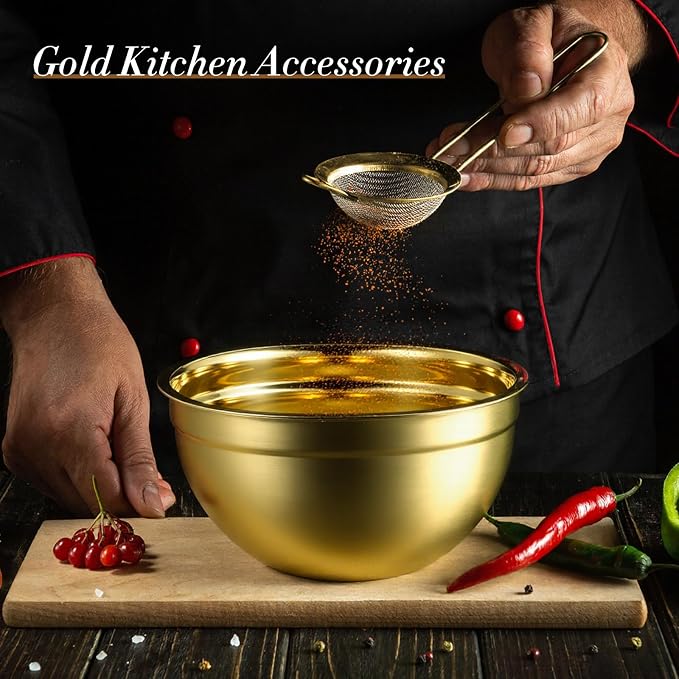 6 Pcs Gold Kitchen Accessories Set Includes 3 Gold Mixing Bowls with Airtight Lids Stainless Steel Colander Grater Slicer and Fine Mesh Strainer (Mixing Bowls: 3.7/5/7 Qt, Colander: 5 Qt) - Image 7