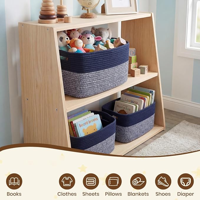 Storage Baskets for Organizing, 14 x 10 x 9” Closet Shelf Woven Baskets, Square Bins with Handles, Cotton Rope Basket for Clothes, Office, Room, Grey+Blue 1 Pack - Image 7