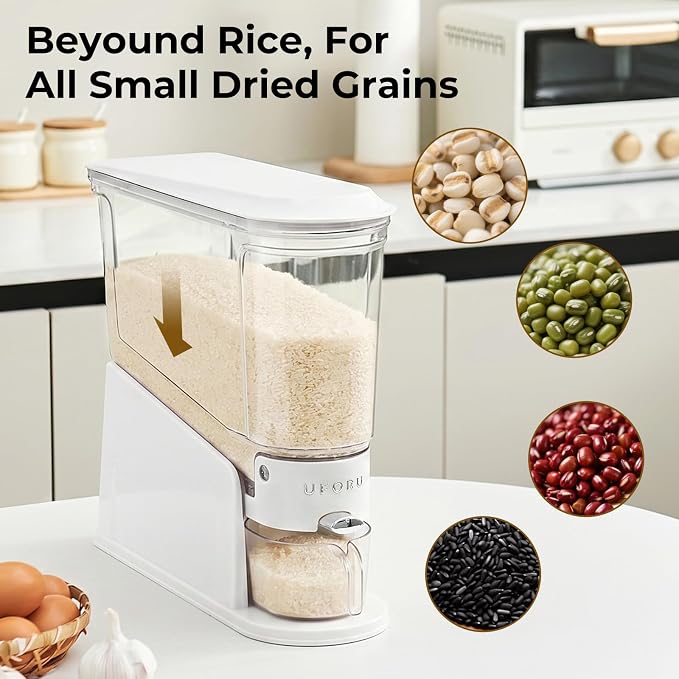 UFORU Slim Rice Dispenser 11 LB,Clear Rice Storage for Small Spaces | White,BPA-Free Sealed Design for Rice, Grain and Cereal,Rice Container Fits Narrow Pantry Shelves and Countertops - Image 6