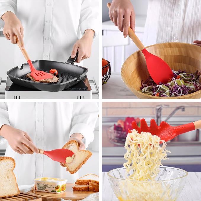 Kitchen Cooking Utensils Set 6Pcs Heat Resistant Silicone Kitchen Utensils Spatula Spoon Turner Ladle w Wooden Handle, BPA FREE Silicone Cooking Tool Gadget Set for Nonstick Cookware & Baking - Image 9