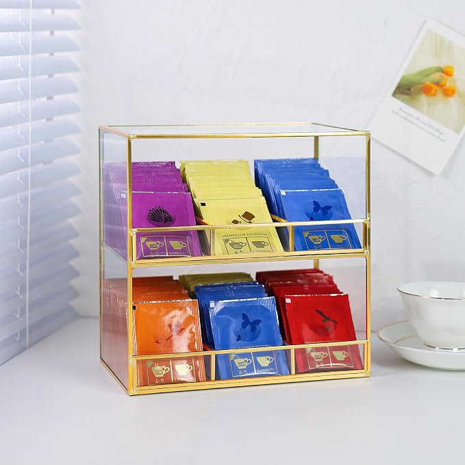 REDHUGO Glass Tea Bag Organizer for Counter, 2-Tier Teabag Organizer Storage Holder for Tea Bags, Glass Caddy Box Containers, Rack Teabag Station Stand for Cabinet Kitchen, 2-Tier, Gold - Image 7