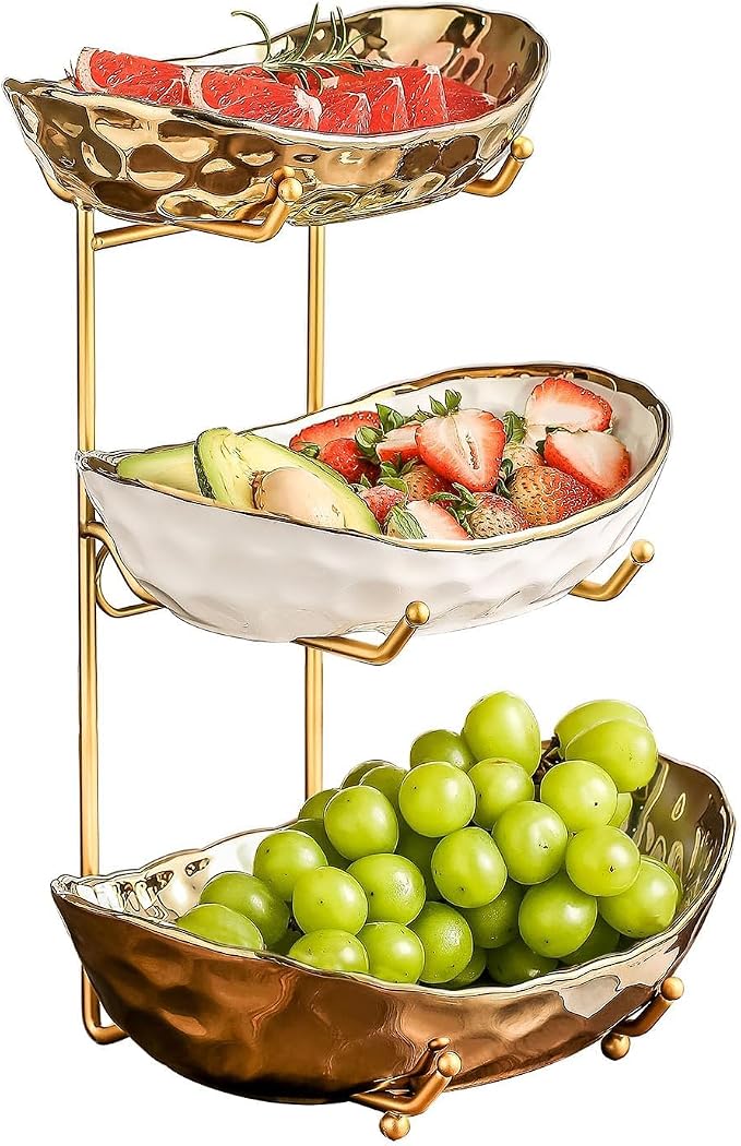 3-Tier Fruit Bowls for Kitchen Counter,Ceramic Bowl with Gold Metal Stand,3 Tier Fruit Basket for Fruit,Snack,Cake,Nuts,Dessert Storage - Image 7