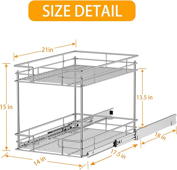 ROOMTEC New Version Pull Out Cabinet Organizer for Base Cabinet (14" W X 21" D), Kitchen Cabinet Organizer and Storage 2-Tier Cabinet Pull Out Shelves Under Cabinet Storage for Kitchen Silver,Chrome - Image 6