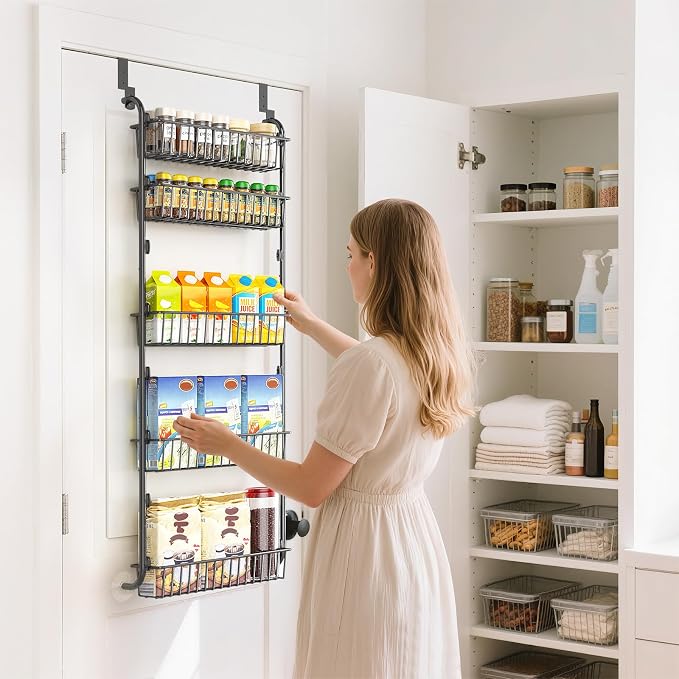 Delamu Over The Door Pantry Organizer, 5-Tier Pantry Door Organizers and Storage with Adjustable Basket, Metal Hanging Spice Rack, Seasoning Organizer, Door Organizer for Home Kitchen Bathroom, Black - Image 9