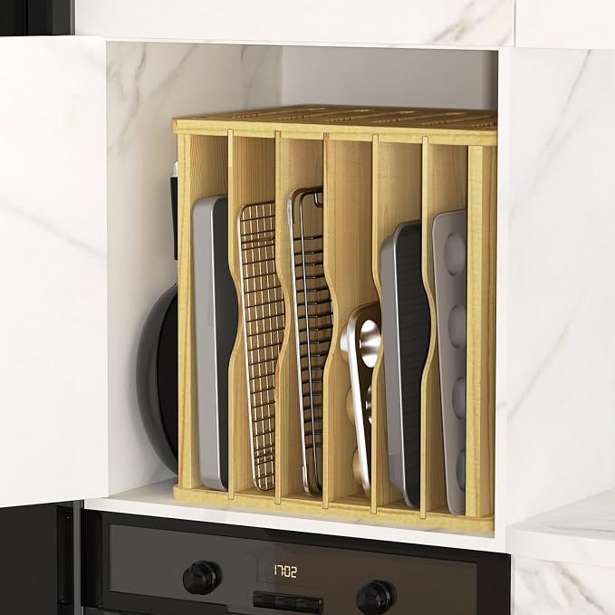 7 Tier Wood Tray Dividers for Cabinets, Cookie Sheet Organizer for Cabinet | Premium Wood, Multiple Sizes, Saving Space, Vertical Tray Dividers for Storing pans, Baking trays, Cutting Board - Image 9