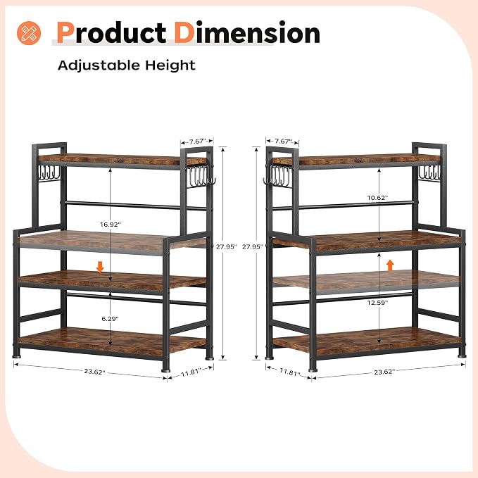 23.6"W Large Kitchen Countertop Organizer,3 Tier Spice Rack Organizer with Adjustable Shelf and 10 Hooks,Wooden Counter Organizer,Space Saving Countertop Shelf Microwave Stand for Kitchen,Coffee Bar - Image 9