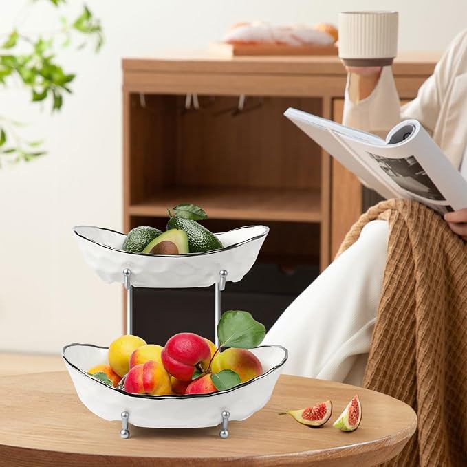 Fruit Bowl for Kitchen Counter - Two Tier Ceramic Fruit Basket, Fruit Holder for Fresh Fruit&Veggies, Modern Tiered Fruit Platter Serving Trays for Party - Image 8