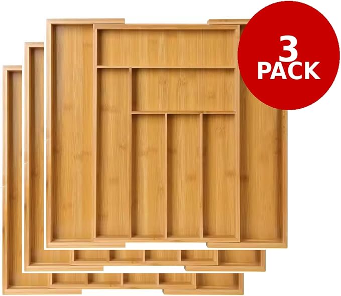 Kitchen Drawer Organizer Expandable Bamboo, Utensil Organizer for Kitchen Drawer, Adjustable Silverware Organizer Tray 13–19.6”, Wooden Cutlery Drawer Organizer, Deep Compartments (3) - Image 7