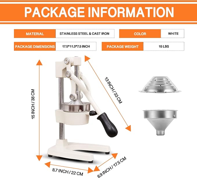 Commercial Heavy Duty Cast Iron Hand Press Manual Orange Citrus Lemon Lime Grapefruit Pomegranate Fruit Juice Squeezer Machine with Stainless Steel Cup White - Image 7