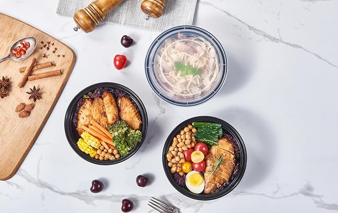 32 oz 150 ct Round Meal Prep Containers with Lids Plastic Food Storage Lunch Plan To Go Box Disposable Take Out Bowls Black BPA Free Reusable Durable Stackable Microwave Freezer Dishwasher Safe - Image 7