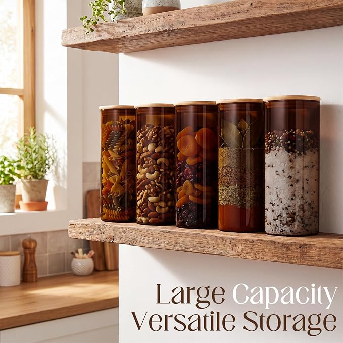 3 Pack 2.3 Qt Square Amber Glass Storage Jars with Lids, 74oz Tall Spaghetti Brown Glass Containers with Bamboo Lids for Pasta Noodles Flour Oat Cereal Sugar Beans Pantry Jar - Image 6