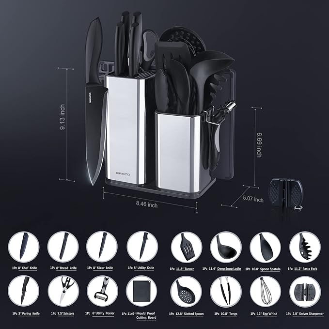 Kitchen Utensils Set,18-Piece Cooking Utensils and Knife Set,Black | Food-grade Silicone Heat-safe to 410°F, Detachable Stainless Steel Holder, 5 Kitchen Knives and Cutting Board All-in-one - Image 7
