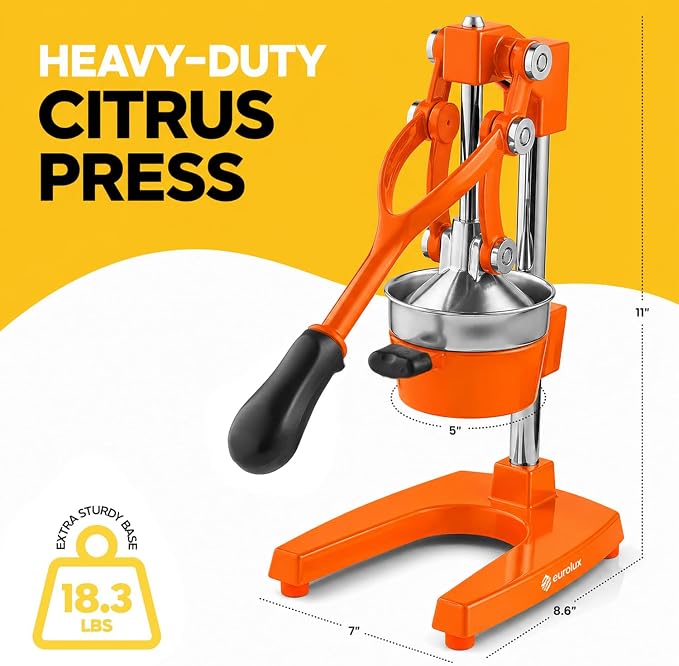 Eurolux Ultra-Premium Cast Iron Juicer | Extra-Large, Heavy Duty, Commercial Grade, Stainless Steel Manual Hand Press Citrus Squeezer For Fresh Orange Juice, Pomegranate, Lemon, and Much More (Orange) - Image 9