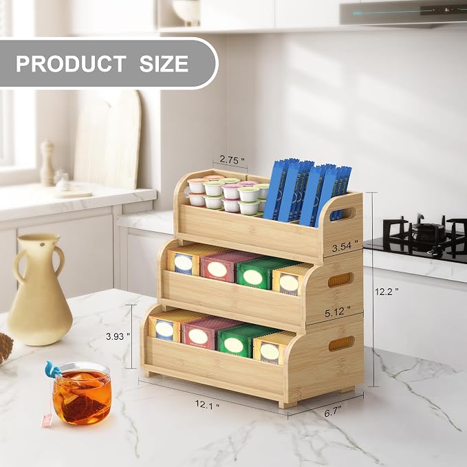 Wisuce 3-Tier Bamboo Tea Bag Organizer, Stackable Tea Holder for Countertop | Tea Box Shelf with Removable Dividers, Wall Mount Large Capacity Tea Organizers and Storage for Pantry Kitchen Office Bar - Image 7