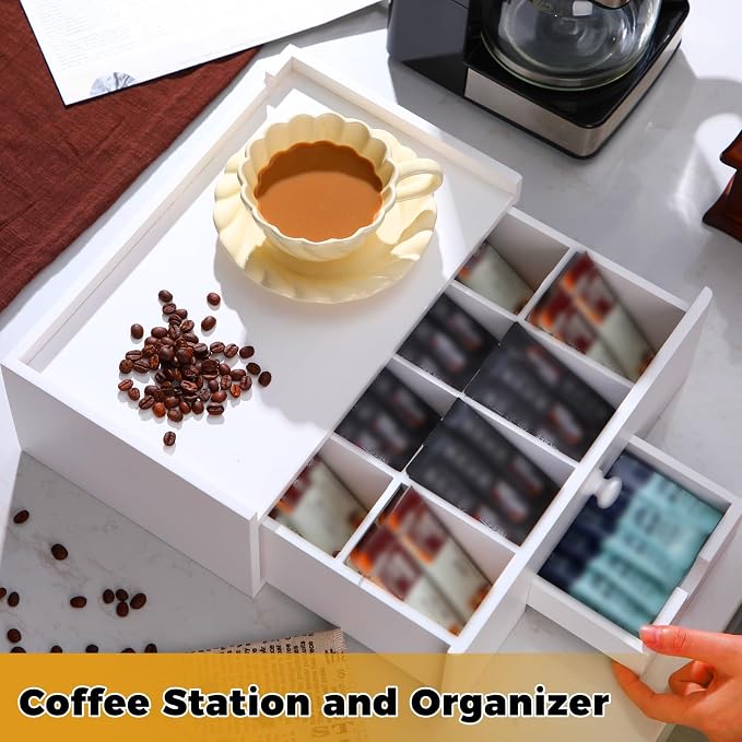 Cinnvoice Tea Bag Organizer Wood Tea Organizer Storage Box 8 Compartments Container Holder with Lid to Storage and Keep Fresh(White) - Image 6