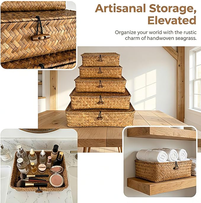 Wicker Basket With Lid Set of 5,Decorative Boxes with Lids Flat Storage Bins,Multipurpose Seagrass Storage Baskets,Wicker Basket With Lid Woven Organizer Baskets for Shelf, Closet, Bedroom - Image 7