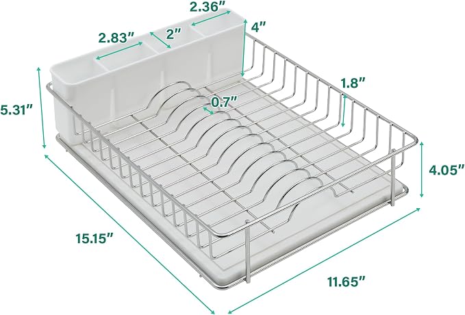SunnyPoint 304 Stainless Steel Dish Drying Rack with Diatomaceous Earth Drainboard & Removable Utensil Caddy – Rust Resistant Countertop Dish Rack for Kitchen (Silvery-Grey) - Image 8