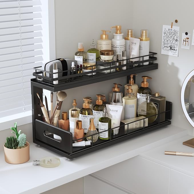 Under Sink Organizer Upgrade To Professional Rails,2-Tier Dual Pull Out Cabinet Storage,Height Adjustable Slide Out Drawers For Bathroom Kitchen,2 Pack-18.5"Dx12.8"-16.9"H,Black - Image 9