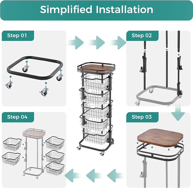 5 Tier Rotating Kitchen Storage Cart, Fruit Vegetable Potato Rack Stand | Patented Swivel Part Spin Smoothly Even Full. Rustproof. One-Piece Wire Bin Prevent Sagging. Keep Onion, Veggie, Spices Fresh - Image 9