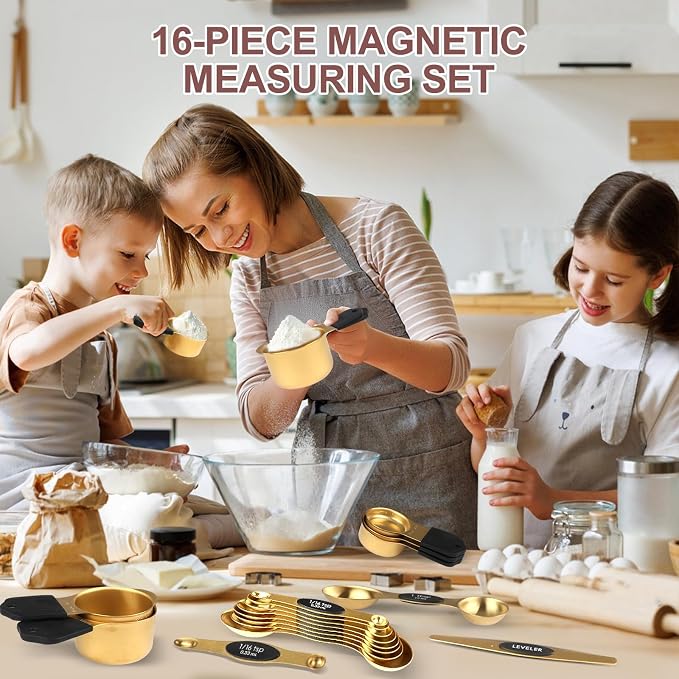 16-Piece Magnetic Measuring Cups and Spoons Set, Stainless Steel, Gold | 7 Silicone-Grip Cups, 8 Metal Spoons, 1 Leveler, US and Metric Marks for Dry & Liquid Ingredients, Kitchen Essentials Gadgets - Image 7