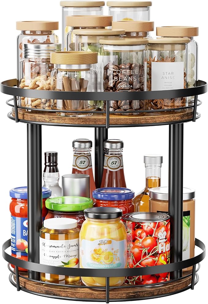 LAMU 10'' Wood Lazy Susan Spice Rack Organizer, 2 Tier Spice Organization for Cabinet, Countertop, Kitchen, Table Top, Pantry, Condiment and Seasoning Rack Organizer - Image 9