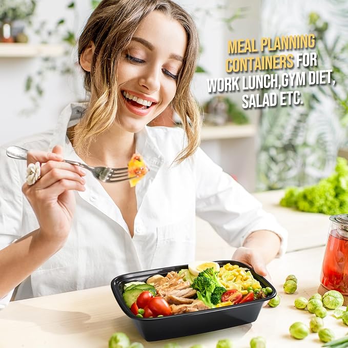 100-Piece (50-Pack) 34 OZ Meal Prep Containers Reusable with Lids, Sturdy Leakproof & Food Safe, Microwave, Freezer, Dishwasher Safe To Go Food Containers, Plastic Take Out Containers, Black - Image 7