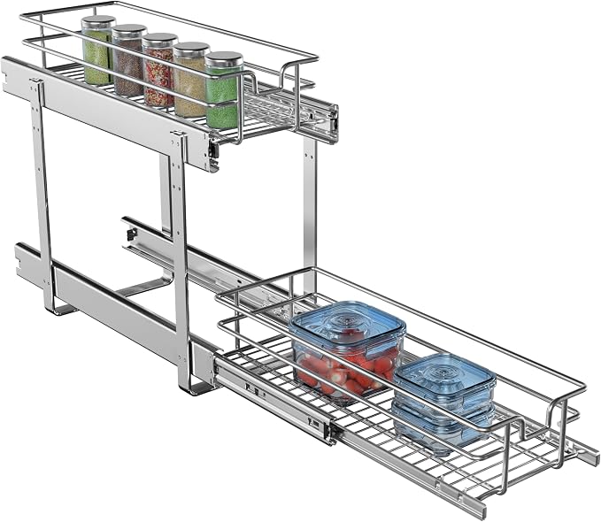 2-Tier Cabinet Pull Out Shelves, 9" W x 22" D | Heavy-Gauge Wire Sliding Shelves, 100 lbs Limit, Ball-Bearing Glides, 3 Heights, Min 9" Opening, For Spices & Under Sink - Image 7