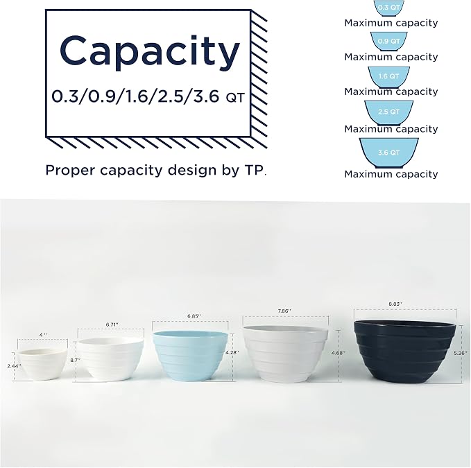 TP Mixing Bowls with Lids, 10-Piece Nesting Melamine Bowls Set for Prepping Serving Baking Cooking, Non Slip Bottom, Set of 5, Blue and White - Image 7