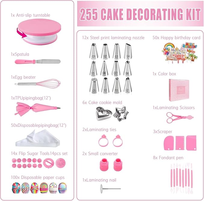 Cake Decorating Kit,Piping Bags and Tips Set,Cake Decorating Supplies,Frosting Piping Kit,Cake Baking Supplies for Beginners (255PCS) - Image 7