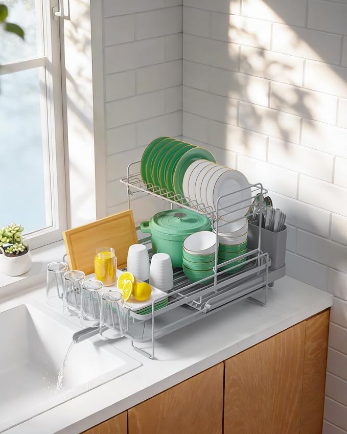 Kitsure Extendable Dish Drying Rack, 19.2"-26.7" L x 12.9" W, 2-Tier | Large Dish Rack, Multifunctional Dish Rack for Kitchen Counter, Anti-Rust Dish Drainers with Cutlery & Cup Holders,Grey - Image 9