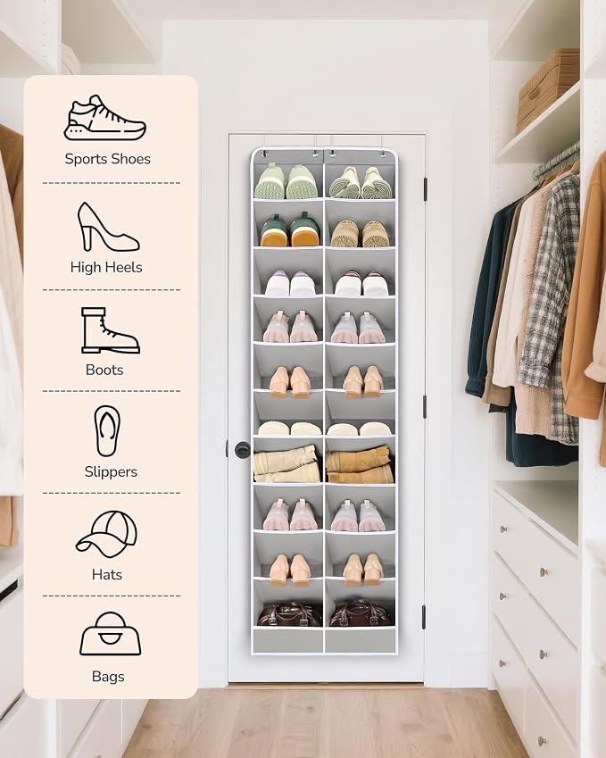 ULG Over The Door Shoe Organizer for Closet Fit 24-32 Pairs with Large Deep Pockets, Narrow Shoe Rack for Door Hanging Boots Storage, Black - Image 8