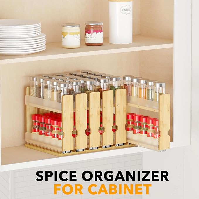 SpaceAid Bamboo Pull Out Spice Rack Organizer for Cabinet, Heavy Duty Slide Out Seasoning Kitchen Pantry Sliding Vertical Organization, 5.1" Wide, 2 Drawers(2" Wide), 2-Tier, Natural - Image 6