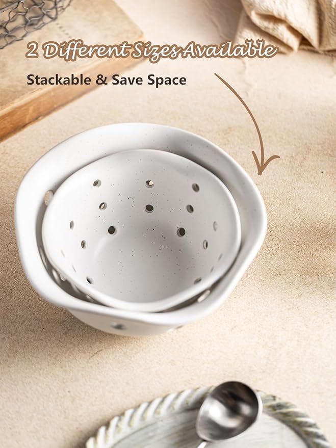 Gomakren Fruit Basket Set of 2, Ceramic Fruit Bowl Berry Basket with Holes, 7.6 Inch Fruit Containers Colander for Fridge - Farmhouse Kitchen Decor, White - Image 9