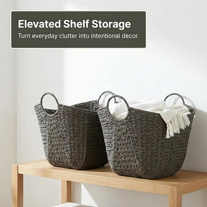 Household Essentials Handwoven Paper Rope Storage Basket with Metal Frame and Handles, Gray - Image 11