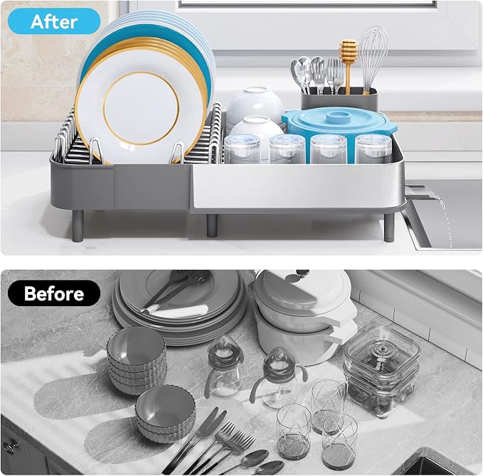 Urackify Stainless Steel Dish Drying Rack for Kitchen Counter,Grey | Extends to 20.67'',Expandable & Foldable,Rust-Resistant,Rotatable Drain Pipe & Utensil Holder,Dish Drainer For 2-4 People - Image 8