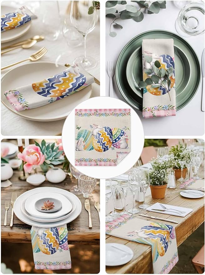 Easter Eggs Cloth Napkins Set of 8, Spring Watercolor Bunny Butterflies Floral Pink Buffalo Plaid Dinner Napkins Cloth Washable, Cocktail Napkins Reusable for Wedding, Party, (20"x20") - Image 9