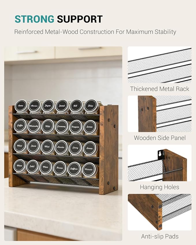 NESAPTO Spice Rack Organizer with 24 Glass Spice Jars, Wood 4-Tier Seasoning Organizer with Labels for Cabinet, Pantry, Countertop or Wall Mount, Chalk Marker and Funnel Set, 12.2" W × 9.4" H - Image 8