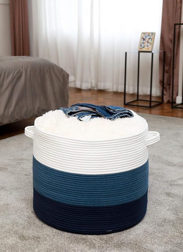 20x15 Inch Extra Large Round Cotton Rope Storage Basket with Lid, Decorative Woven Bin with Cover for Living Room Bedroom Closet, Blue & Deep Blue - Image 9