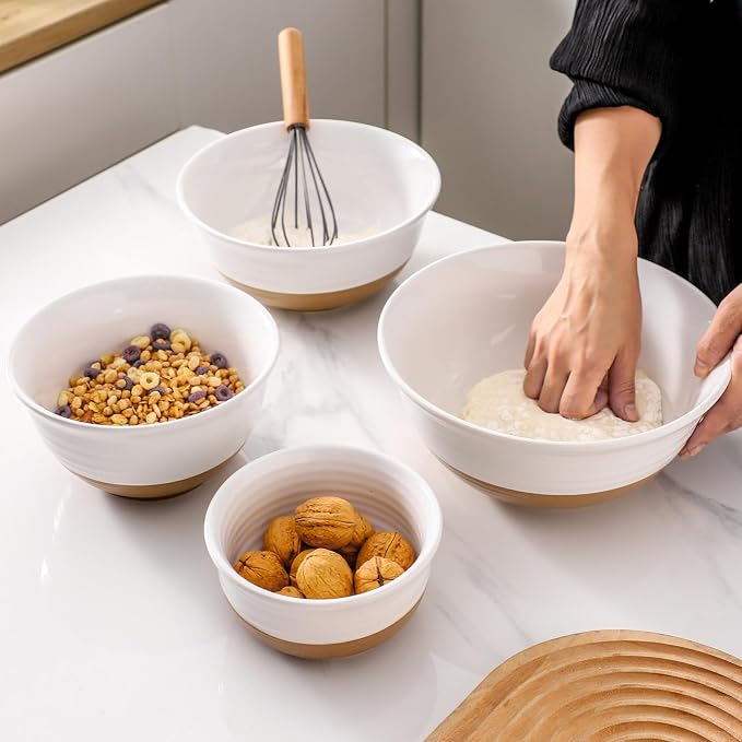 HASENSE Ceramic Serving Bowls Set of 4, 2.1/1.5/1.0/0.5 Qt White & Terracotta Stoneware Mixing Bowls, Farmhouse Bowls for Cooking, Prepping, Salad & Soup, Dishwasher & Microwave Safe, Serving Dishes - Image 7