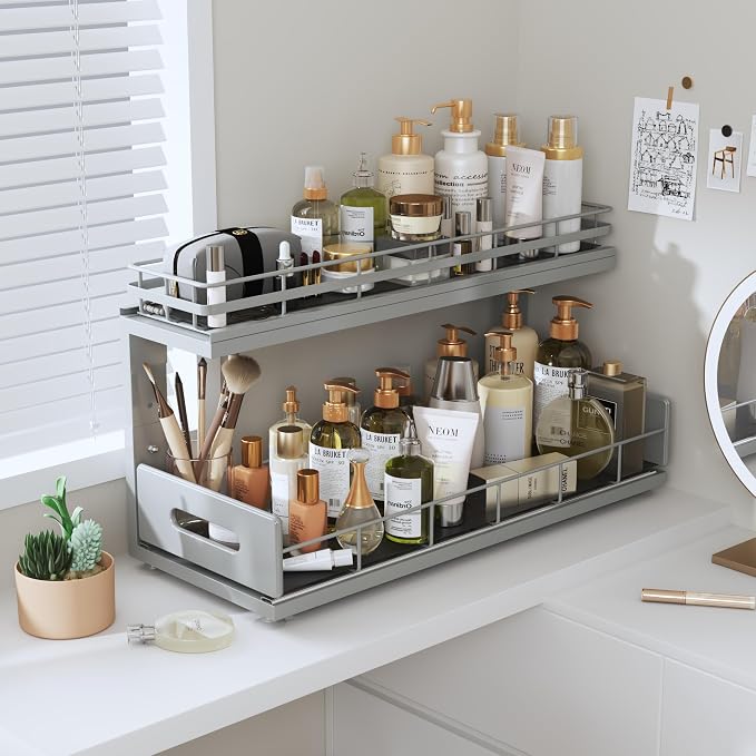 Under Sink Organizer Upgrade To Professional Rails,2-Tier Dual Pull Out Cabinet Storage,Height Adjustable Slide Out Drawers For Bathroom Kitchen,2 Pack-18.5"Dx12.8"-16.9"H,Gun Gray - Image 9