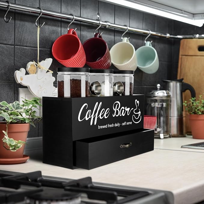 3 Pcs Coffee Bar Containers Set Include Coffee Sugar Container with Lid and Spoon and Double Layer Storage Box with Drawer for Bar Kitchen Countertop(Black) - Image 6