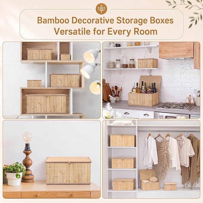 Set of 5 Bamboo Decorative Storage Boxes with Lids, Woven Stackable Storage Bins with Washable Liners, Wicker Nesting Basket Organizers for School, Dorm Room, Classroom, Home, Office - Image 6
