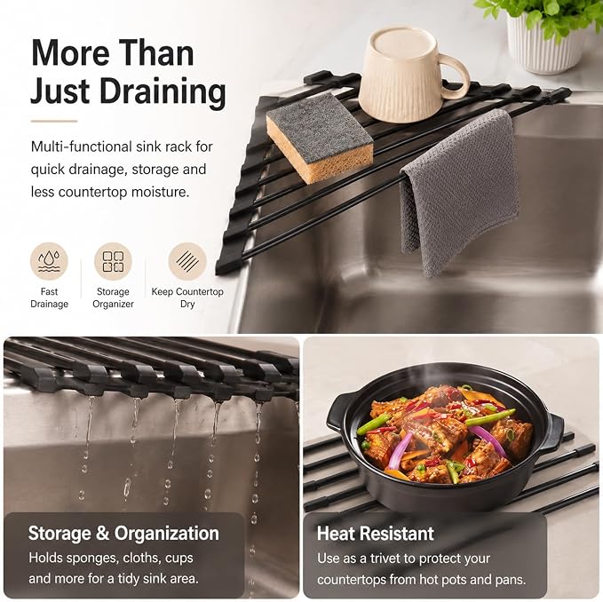 Triangle Roll-Up Dish Drying Rack for Sink Corner, Silicone Coated Metal Draining Board Rack, Space-Saving Drying Rack Kitchen, Multipurpose Plate Rack Sink Drainer for Kitchen Storage & Organisation, - Image 8