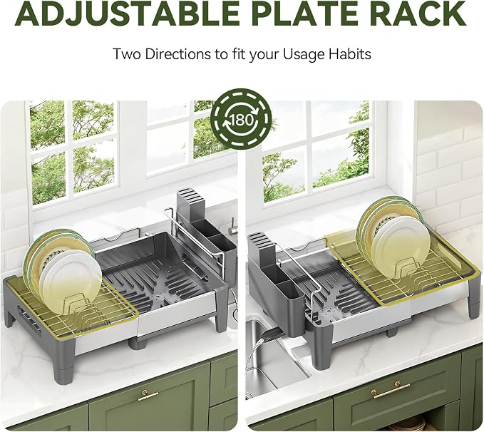 Urackify Expandable Dish Drying Rack, Stainless and Aluminum Frame, Gray | Dish Drainer for Kitchen Counter, Space Saving Kitchen Drying Rack with Movable Utensil Holder, 19.69"L x 13.46"W x 9.06"H - Image 9